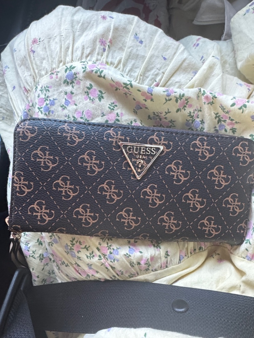 GUESS Brown and Gold Logo Zip-Around Wallet